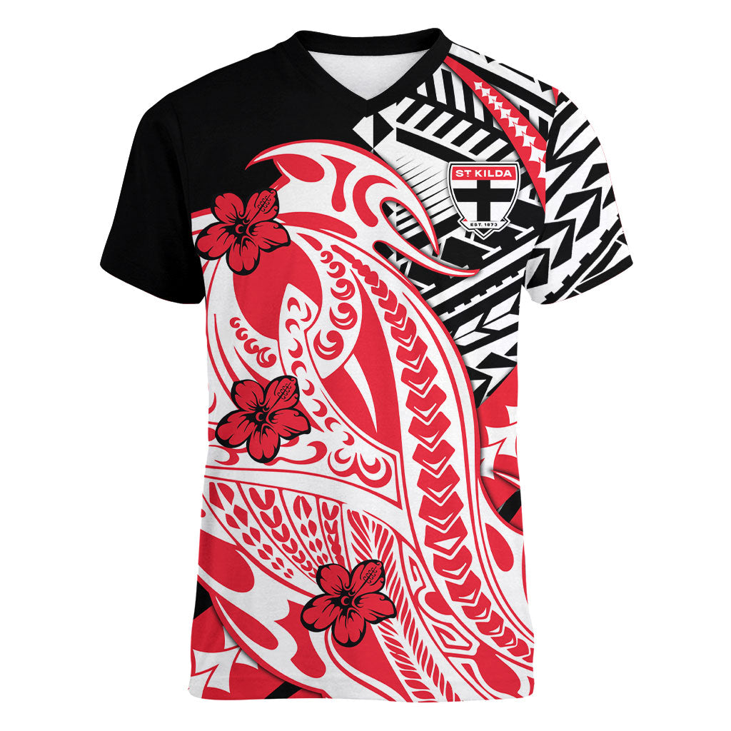 Personalized St Kilda Saints Women V-Neck T-Shirt Polynesian Tribal Saint Mascot With Hibiscus Floral Art