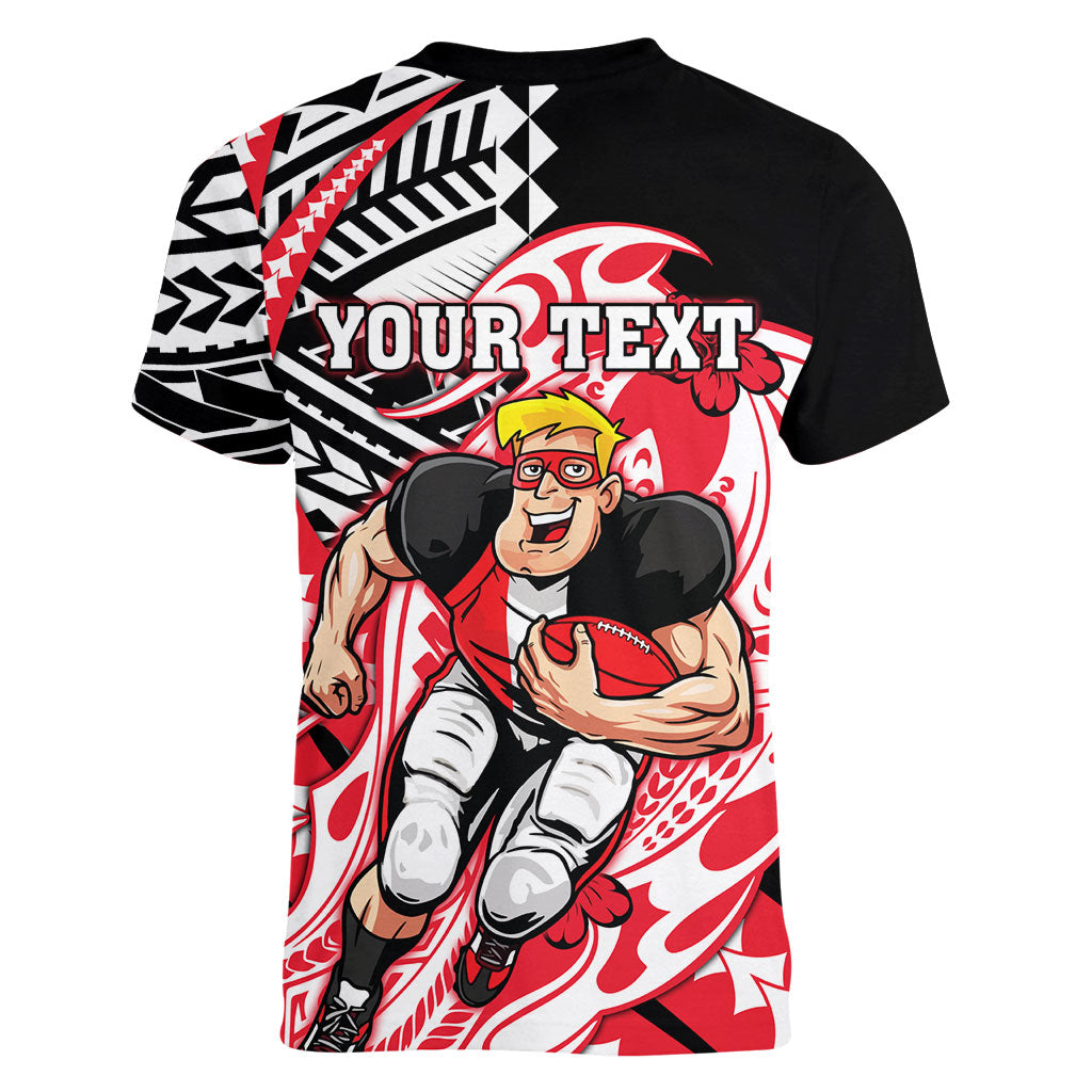 Personalized St Kilda Saints Women V-Neck T-Shirt Polynesian Tribal Saint Mascot With Hibiscus Floral Art