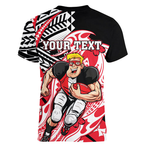 Personalized St Kilda Saints Women V-Neck T-Shirt Polynesian Tribal Saint Mascot With Hibiscus Floral Art