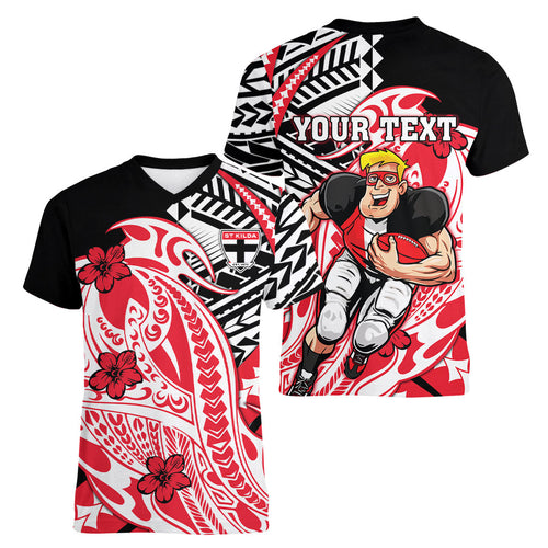 Personalized St Kilda Saints Women V-Neck T-Shirt Polynesian Tribal Saint Mascot With Hibiscus Floral Art