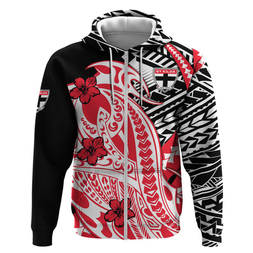 Personalized St Kilda Saints Zip Hoodie Polynesian Tribal Saint Mascot With Hibiscus Floral Art