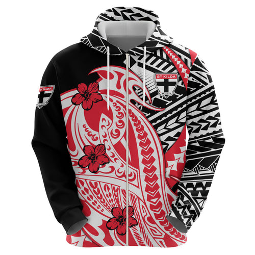 Personalized St Kilda Saints Zip Hoodie Polynesian Tribal Saint Mascot With Hibiscus Floral Art