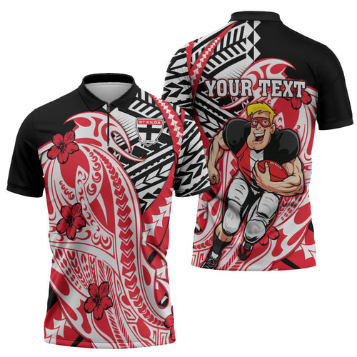 Personalized St Kilda Saints Zipper Polo Shirt Polynesian Tribal Saint Mascot With Hibiscus Floral Art