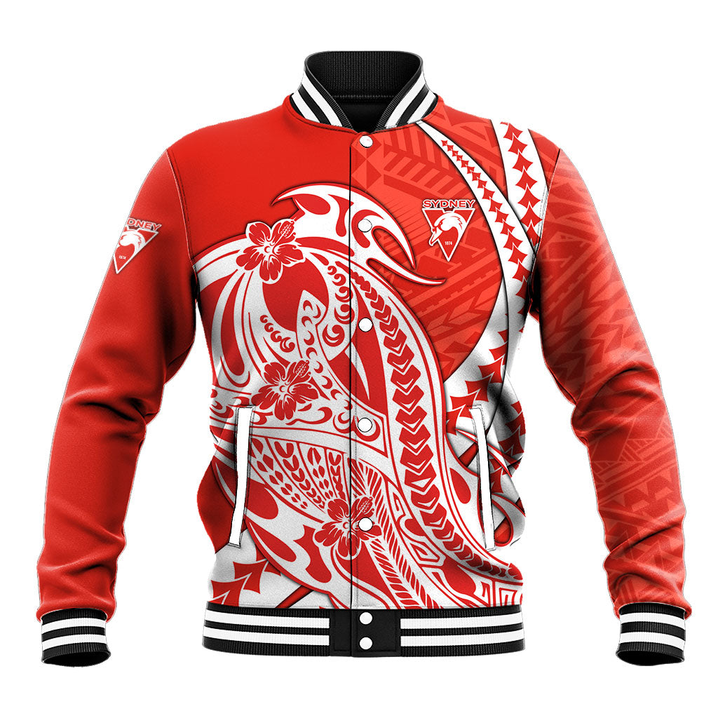 Personalized Sydney Swans Baseball Jacket Polynesian Tribal Swan Mascot With Hibiscus Floral Art