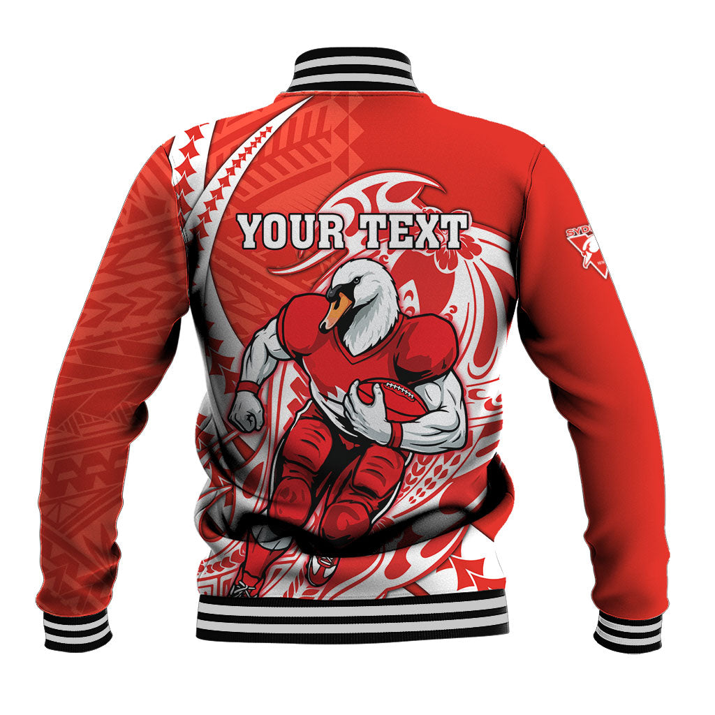 Personalized Sydney Swans Baseball Jacket Polynesian Tribal Swan Mascot With Hibiscus Floral Art