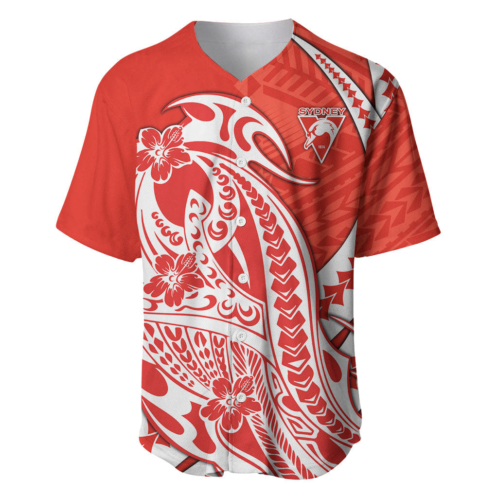 Personalized Sydney Swans Baseball Jersey Polynesian Tribal Swan Mascot With Hibiscus Floral Art