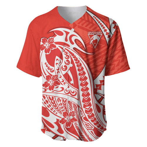 Personalized Sydney Swans Baseball Jersey Polynesian Tribal Swan Mascot With Hibiscus Floral Art
