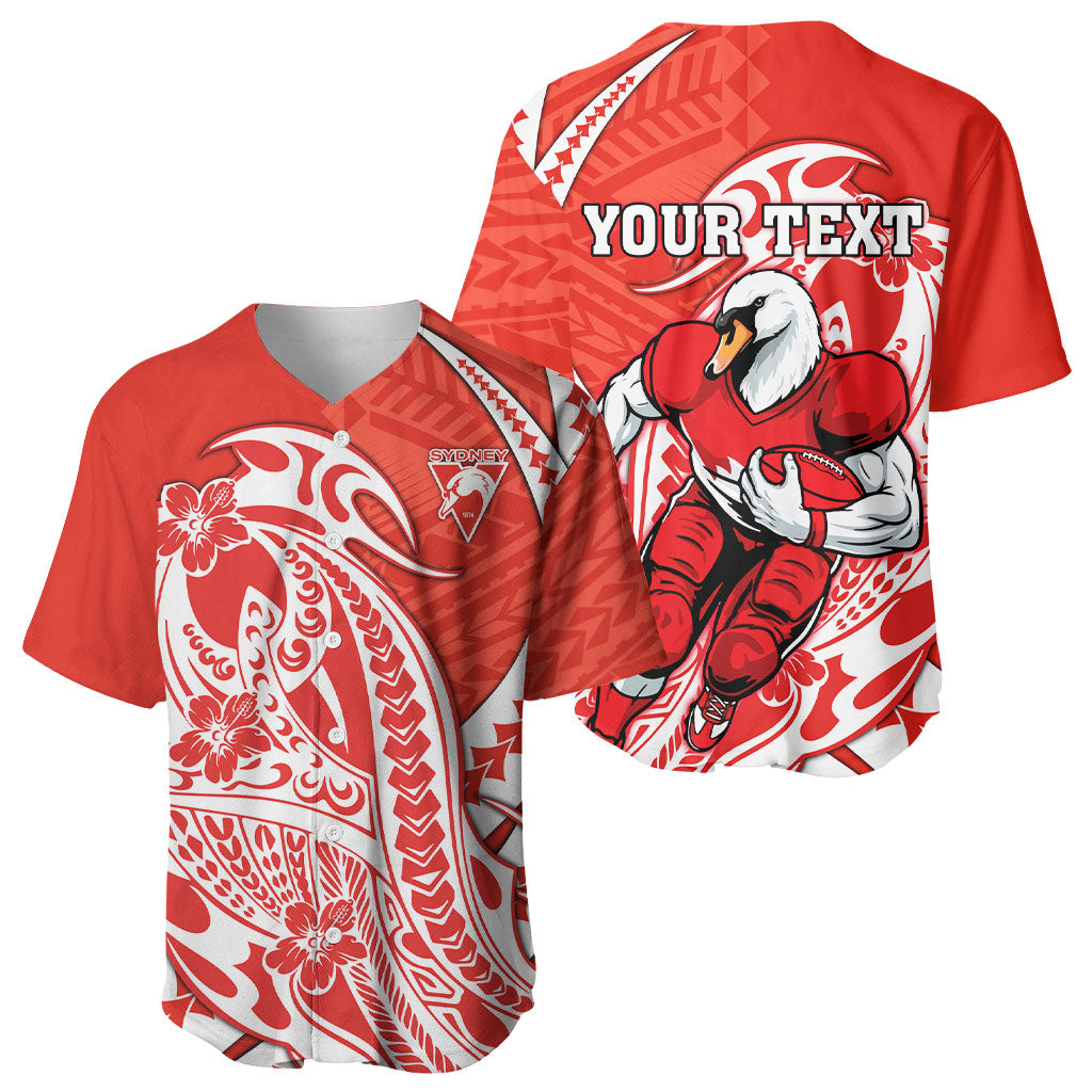 Personalized Sydney Swans Baseball Jersey Polynesian Tribal Swan Mascot With Hibiscus Floral Art