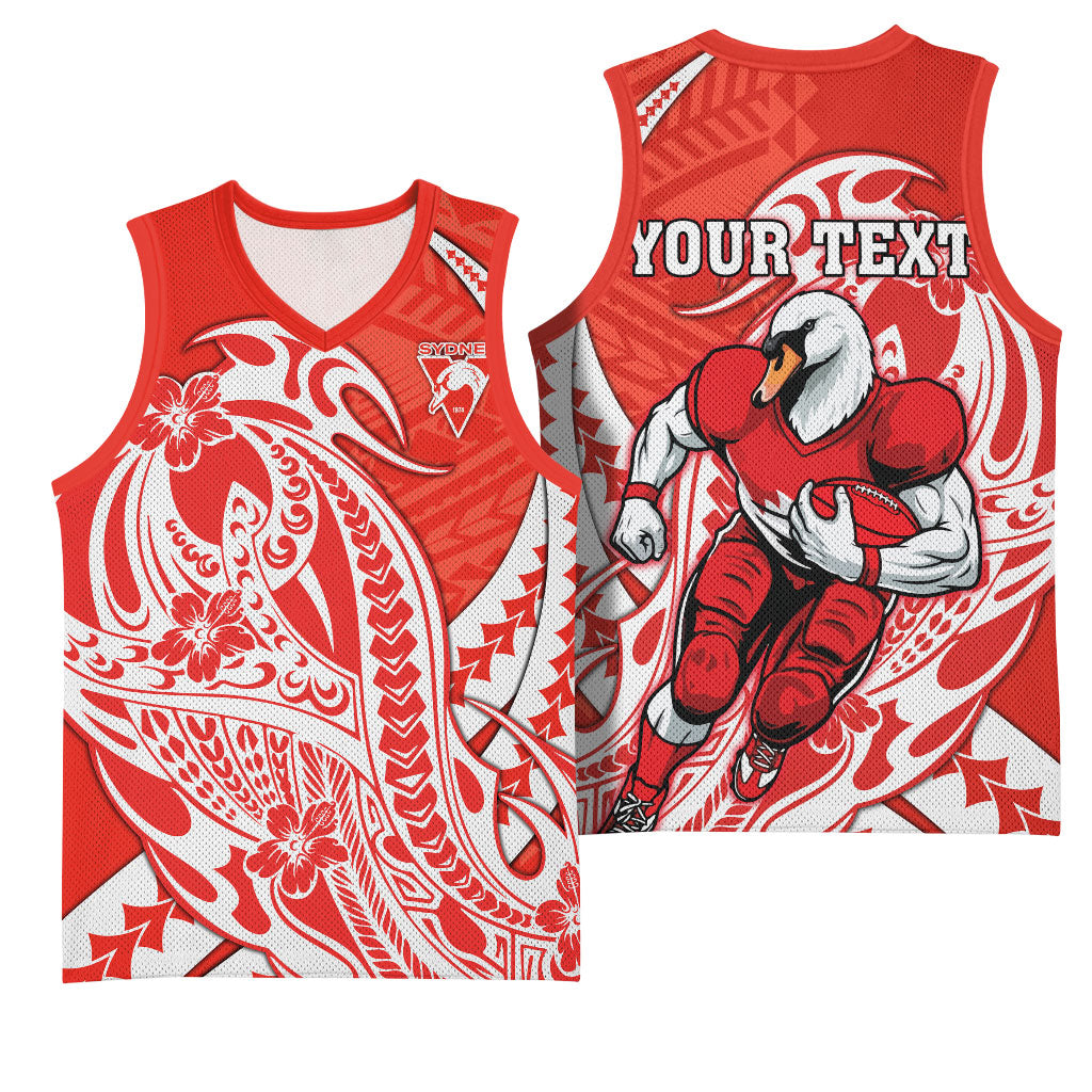 Personalized Sydney Swans Basketball Jersey Polynesian Tribal Swan Mascot With Hibiscus Floral Art