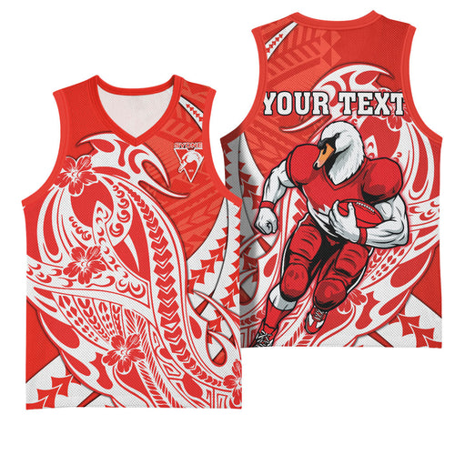 Personalized Sydney Swans Basketball Jersey Polynesian Tribal Swan Mascot With Hibiscus Floral Art