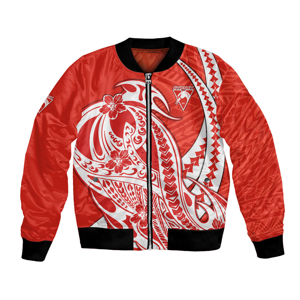 Personalized Sydney Swans Bomber Jacket Polynesian Tribal Swan Mascot With Hibiscus Floral Art