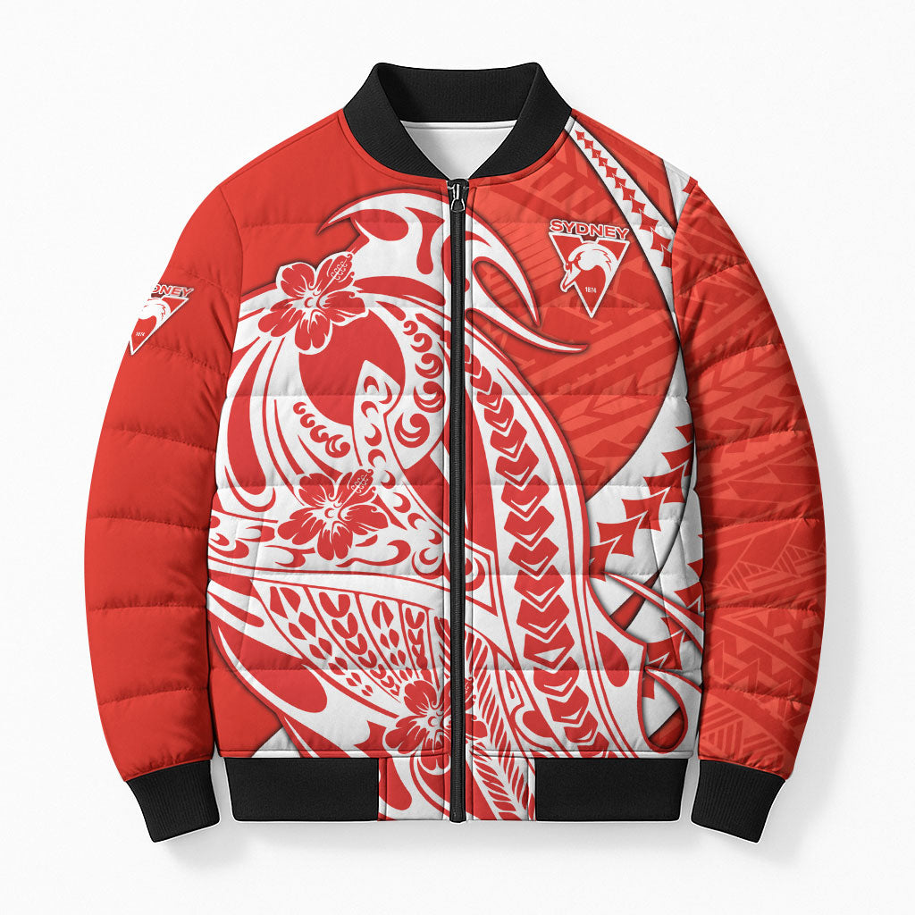 Personalized Sydney Swans Bomber Puffer Jacket Polynesian Tribal Swan Mascot With Hibiscus Floral Art