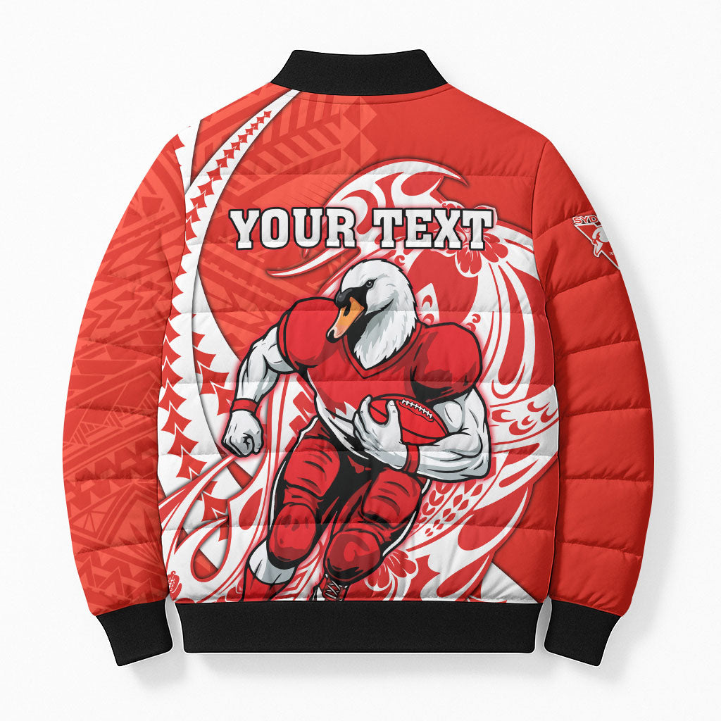 Personalized Sydney Swans Bomber Puffer Jacket Polynesian Tribal Swan Mascot With Hibiscus Floral Art
