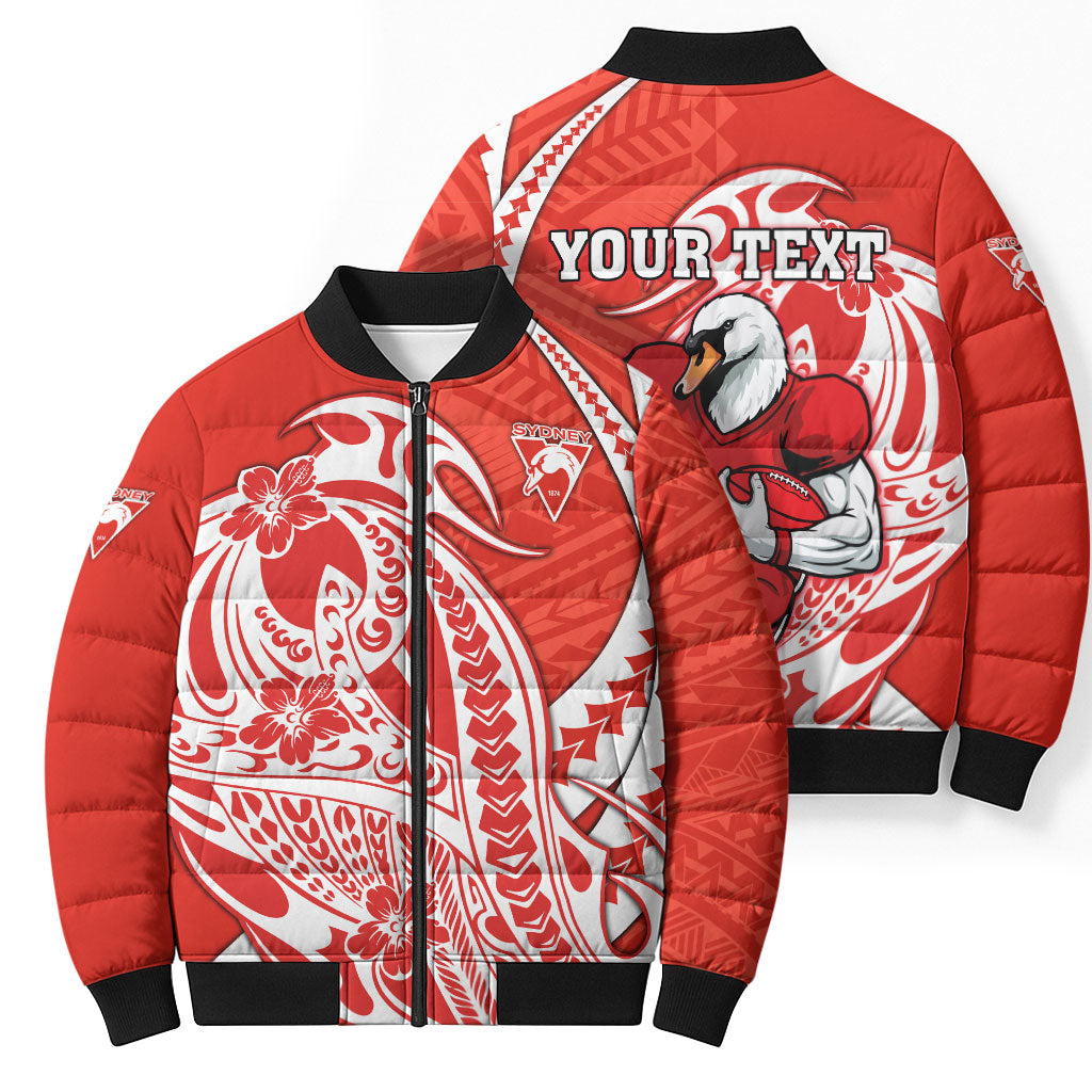 Personalized Sydney Swans Bomber Puffer Jacket Polynesian Tribal Swan Mascot With Hibiscus Floral Art