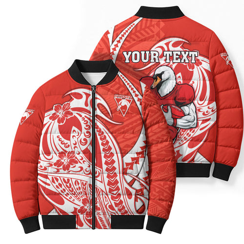 Personalized Sydney Swans Bomber Puffer Jacket Polynesian Tribal Swan Mascot With Hibiscus Floral Art