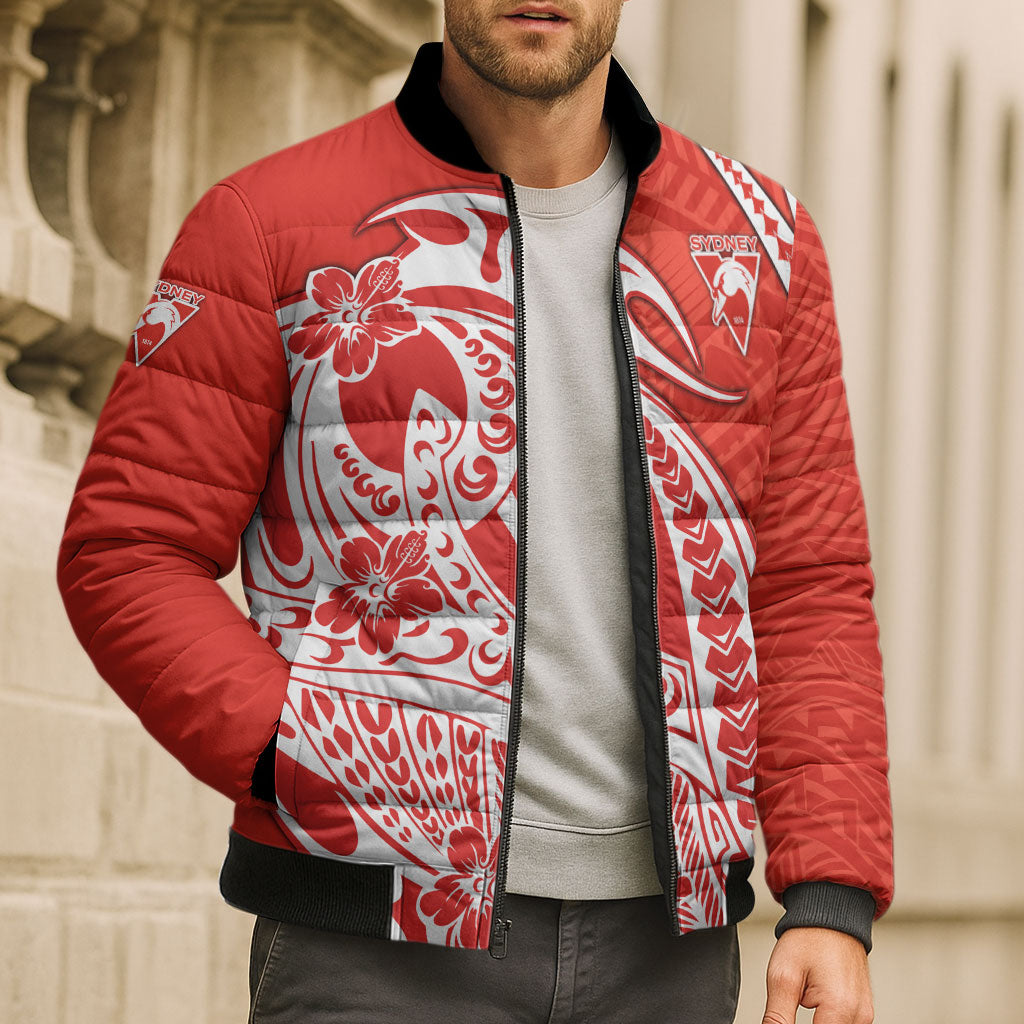 Personalized Sydney Swans Bomber Puffer Jacket Polynesian Tribal Swan Mascot With Hibiscus Floral Art