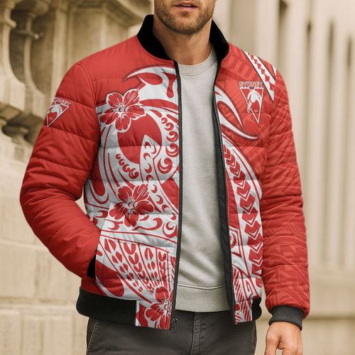 Personalized Sydney Swans Bomber Puffer Jacket Polynesian Tribal Swan Mascot With Hibiscus Floral Art