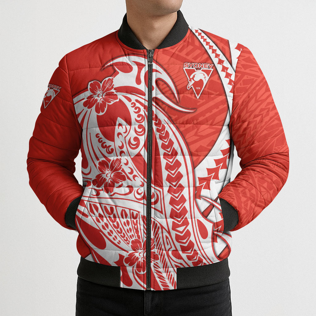 Personalized Sydney Swans Bomber Puffer Jacket Polynesian Tribal Swan Mascot With Hibiscus Floral Art