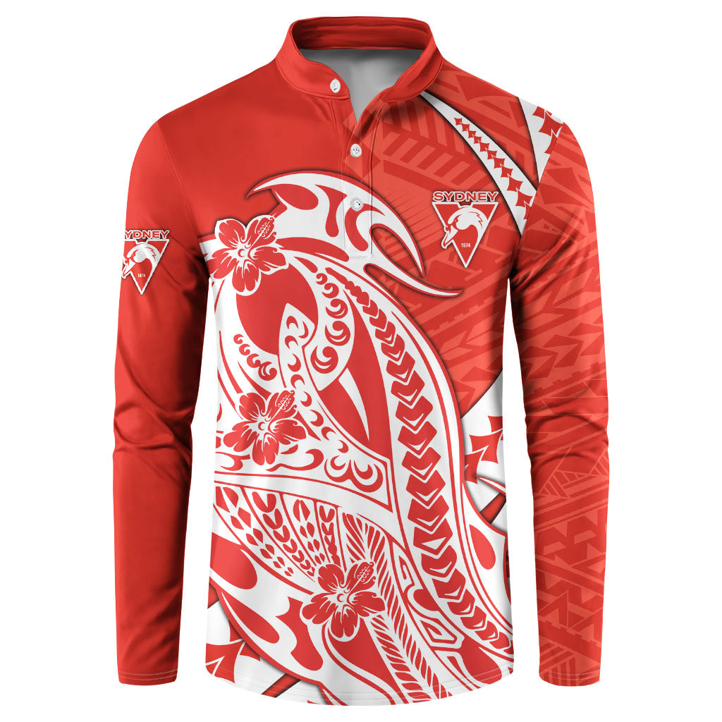 Personalized Sydney Swans Button Sweatshirt Polynesian Tribal Swan Mascot With Hibiscus Floral Art