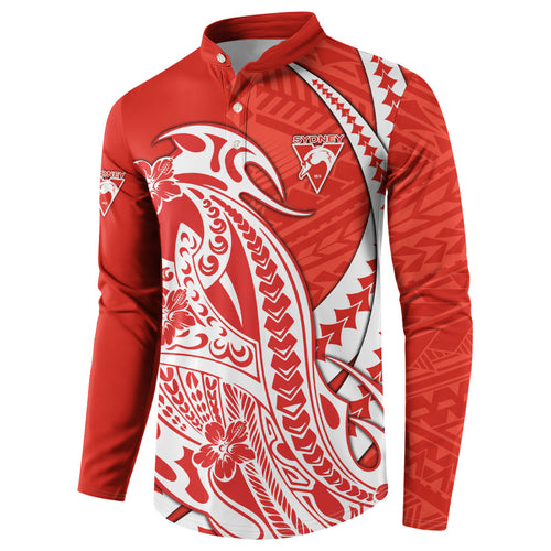 Personalized Sydney Swans Button Sweatshirt Polynesian Tribal Swan Mascot With Hibiscus Floral Art