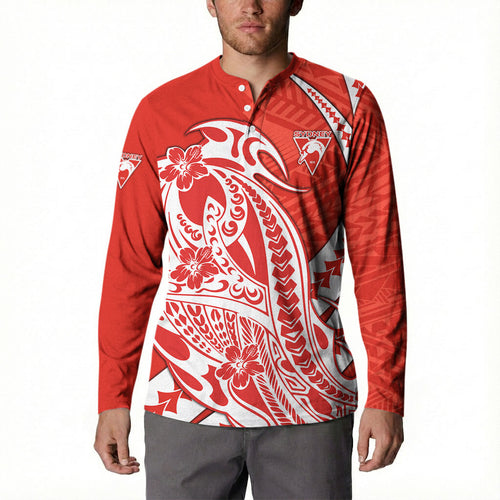 Personalized Sydney Swans Button Sweatshirt Polynesian Tribal Swan Mascot With Hibiscus Floral Art