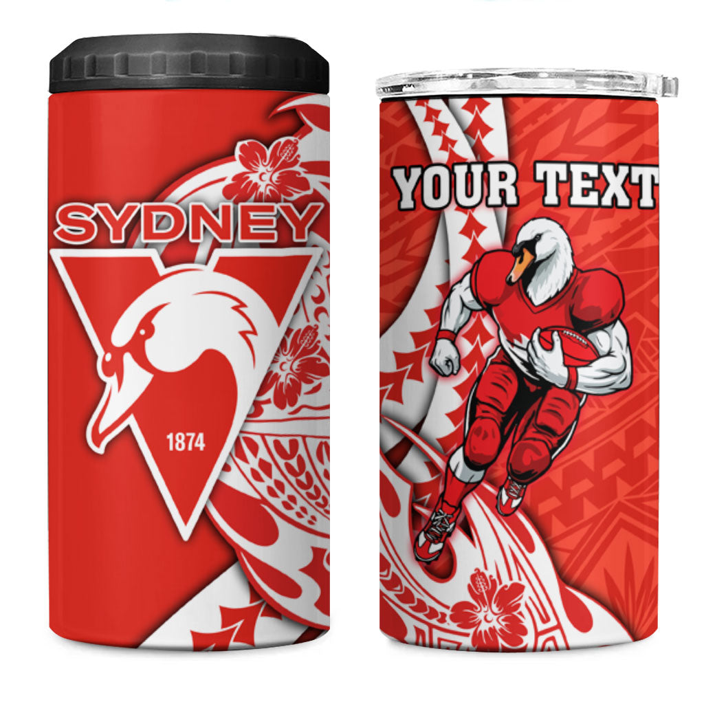 Personalized Sydney Swans 4 in 1 Can Cooler Tumbler Polynesian Tribal Swan Mascot With Hibiscus Floral Art