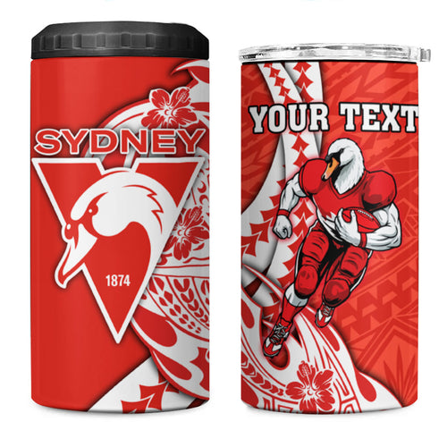 Personalized Sydney Swans 4 in 1 Can Cooler Tumbler Polynesian Tribal Swan Mascot With Hibiscus Floral Art