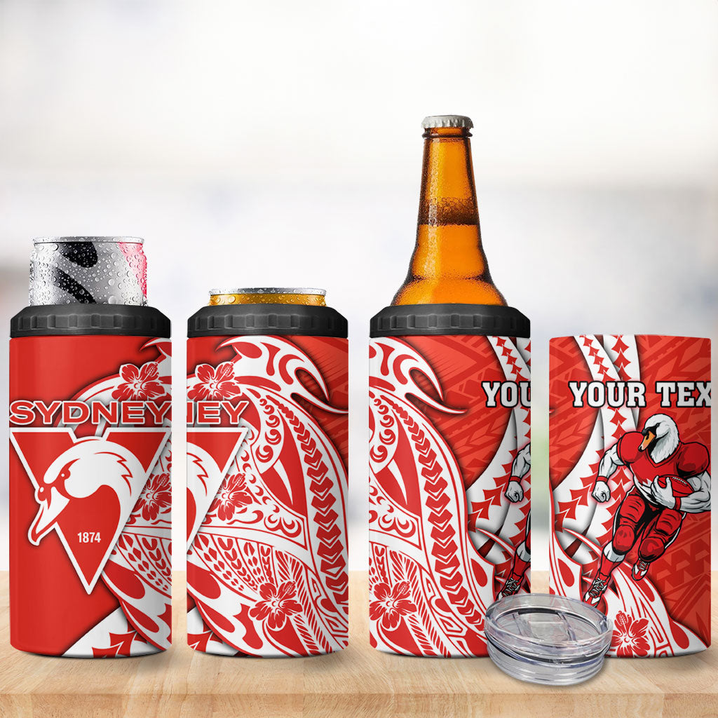 Personalized Sydney Swans 4 in 1 Can Cooler Tumbler Polynesian Tribal Swan Mascot With Hibiscus Floral Art