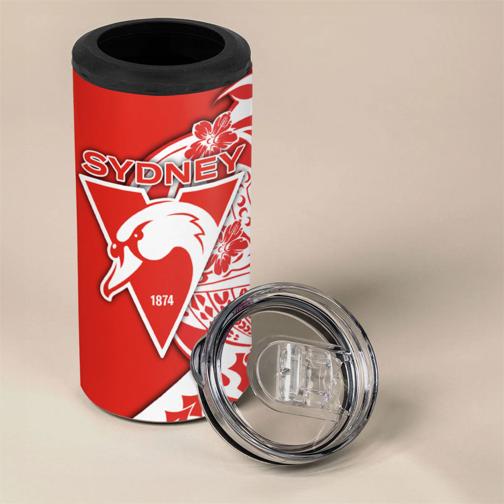 Personalized Sydney Swans 4 in 1 Can Cooler Tumbler Polynesian Tribal Swan Mascot With Hibiscus Floral Art