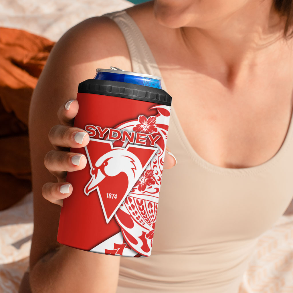 Personalized Sydney Swans 4 in 1 Can Cooler Tumbler Polynesian Tribal Swan Mascot With Hibiscus Floral Art