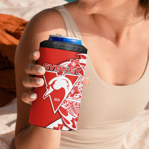 Personalized Sydney Swans 4 in 1 Can Cooler Tumbler Polynesian Tribal Swan Mascot With Hibiscus Floral Art