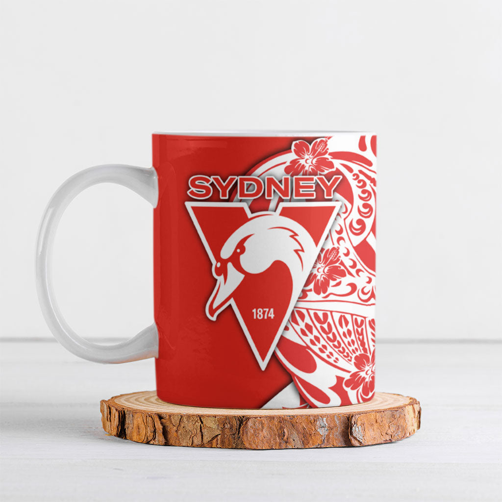 Personalized Sydney Swans Ceramic Mug Polynesian Tribal Swan Mascot With Hibiscus Floral Art