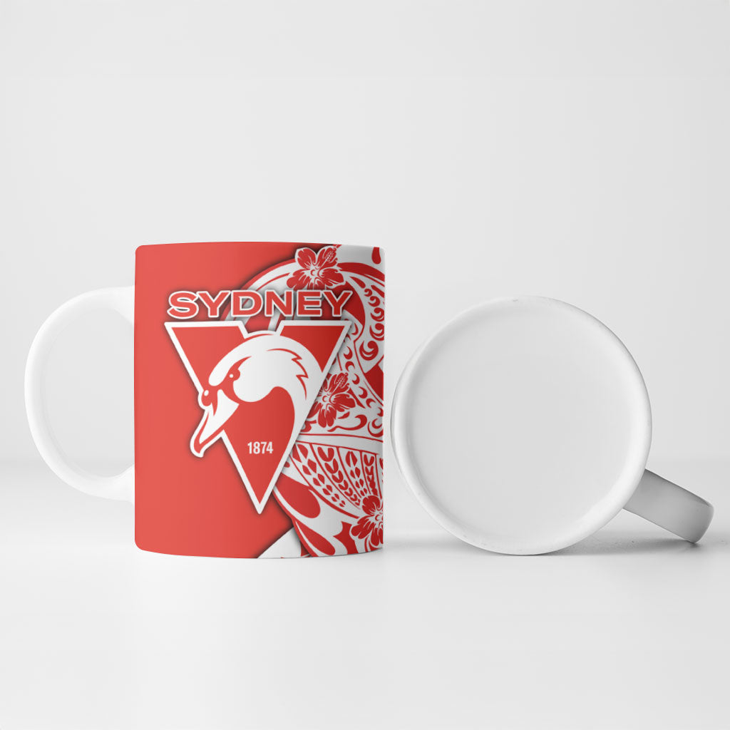 Personalized Sydney Swans Ceramic Mug Polynesian Tribal Swan Mascot With Hibiscus Floral Art