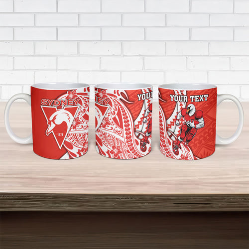 Personalized Sydney Swans Ceramic Mug Polynesian Tribal Swan Mascot With Hibiscus Floral Art