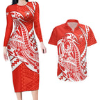 Personalized Sydney Swans Couples Matching Long Sleeve Bodycon Dress and Hawaiian Shirt Polynesian Tribal Swan Mascot With Hibiscus Floral Art