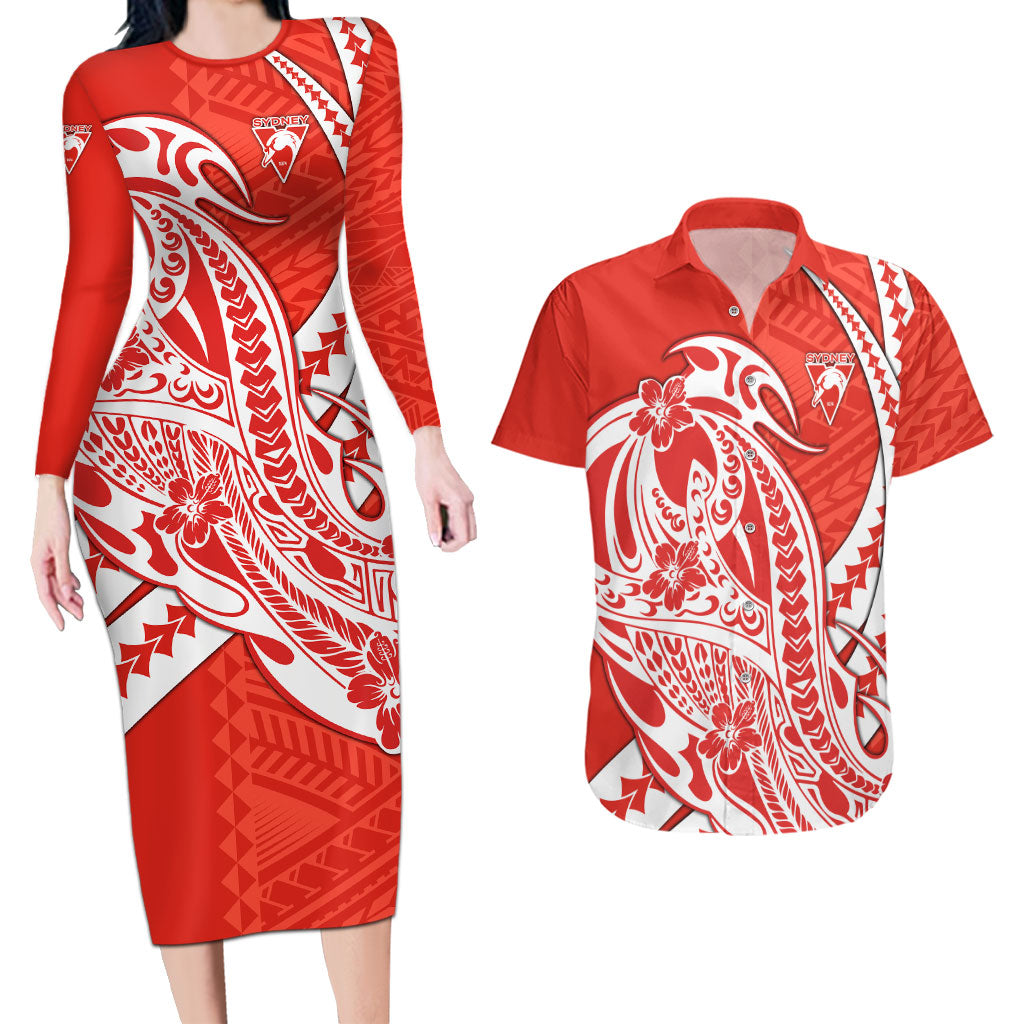Personalized Sydney Swans Couples Matching Long Sleeve Bodycon Dress and Hawaiian Shirt Polynesian Tribal Swan Mascot With Hibiscus Floral Art