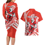 Personalized Sydney Swans Couples Matching Long Sleeve Bodycon Dress and Hawaiian Shirt Polynesian Tribal Swan Mascot With Hibiscus Floral Art