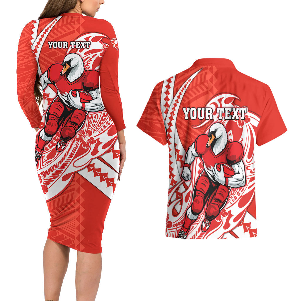 Personalized Sydney Swans Couples Matching Long Sleeve Bodycon Dress and Hawaiian Shirt Polynesian Tribal Swan Mascot With Hibiscus Floral Art