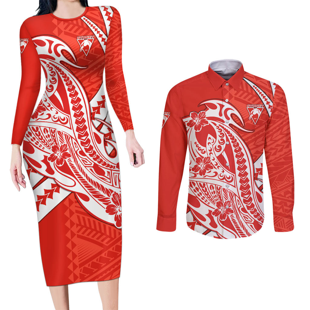 Personalized Sydney Swans Couples Matching Long Sleeve Bodycon Dress and Long Sleeve Button Shirt Polynesian Tribal Swan Mascot With Hibiscus Floral Art