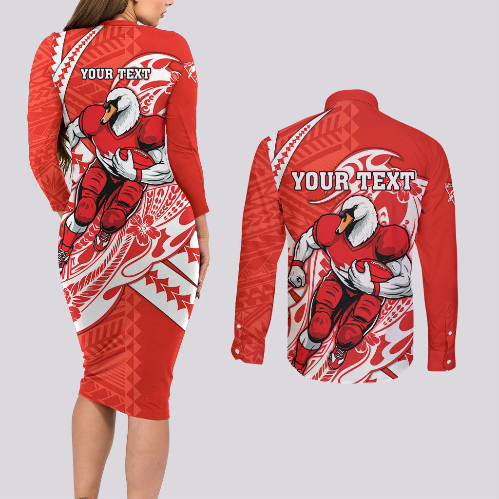 Personalized Sydney Swans Couples Matching Long Sleeve Bodycon Dress and Long Sleeve Button Shirt Polynesian Tribal Swan Mascot With Hibiscus Floral Art