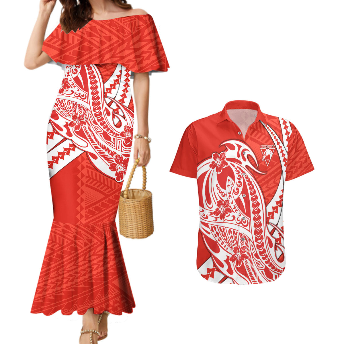 Personalized Sydney Swans Couples Matching Mermaid Dress and Hawaiian Shirt Polynesian Tribal Swan Mascot With Hibiscus Floral Art