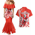 Personalized Sydney Swans Couples Matching Mermaid Dress and Hawaiian Shirt Polynesian Tribal Swan Mascot With Hibiscus Floral Art