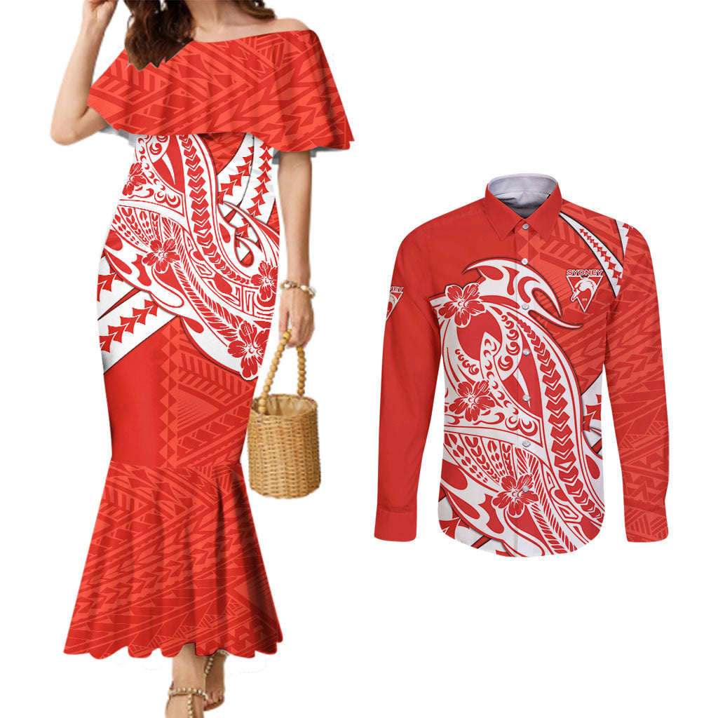 Personalized Sydney Swans Couples Matching Mermaid Dress and Long Sleeve Button Shirt Polynesian Tribal Swan Mascot With Hibiscus Floral Art