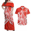 Personalized Sydney Swans Couples Matching Off Shoulder Maxi Dress and Hawaiian Shirt Polynesian Tribal Swan Mascot With Hibiscus Floral Art