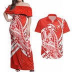 Personalized Sydney Swans Couples Matching Off Shoulder Maxi Dress and Hawaiian Shirt Polynesian Tribal Swan Mascot With Hibiscus Floral Art
