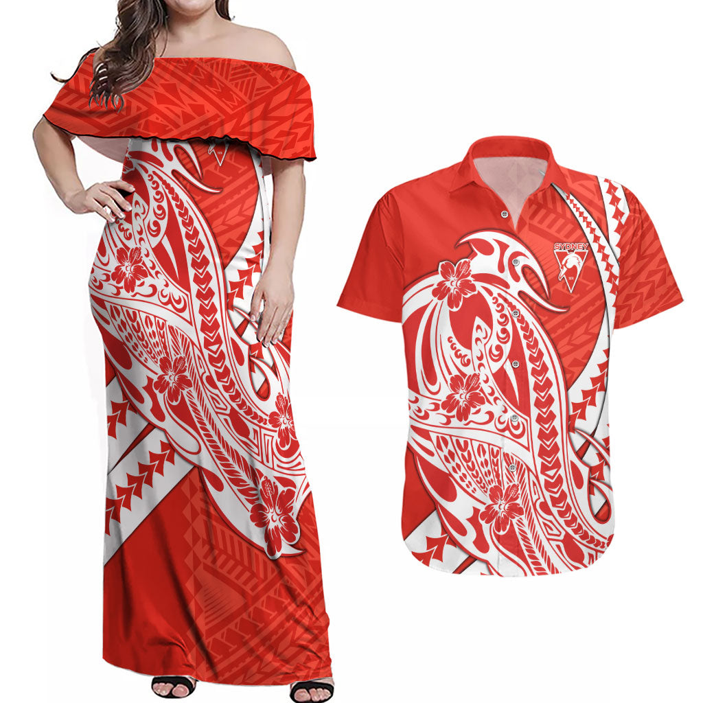 Personalized Sydney Swans Couples Matching Off Shoulder Maxi Dress and Hawaiian Shirt Polynesian Tribal Swan Mascot With Hibiscus Floral Art