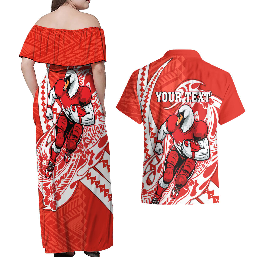 Personalized Sydney Swans Couples Matching Off Shoulder Maxi Dress and Hawaiian Shirt Polynesian Tribal Swan Mascot With Hibiscus Floral Art