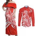 Personalized Sydney Swans Couples Matching Off Shoulder Maxi Dress and Long Sleeve Button Shirt Polynesian Tribal Swan Mascot With Hibiscus Floral Art