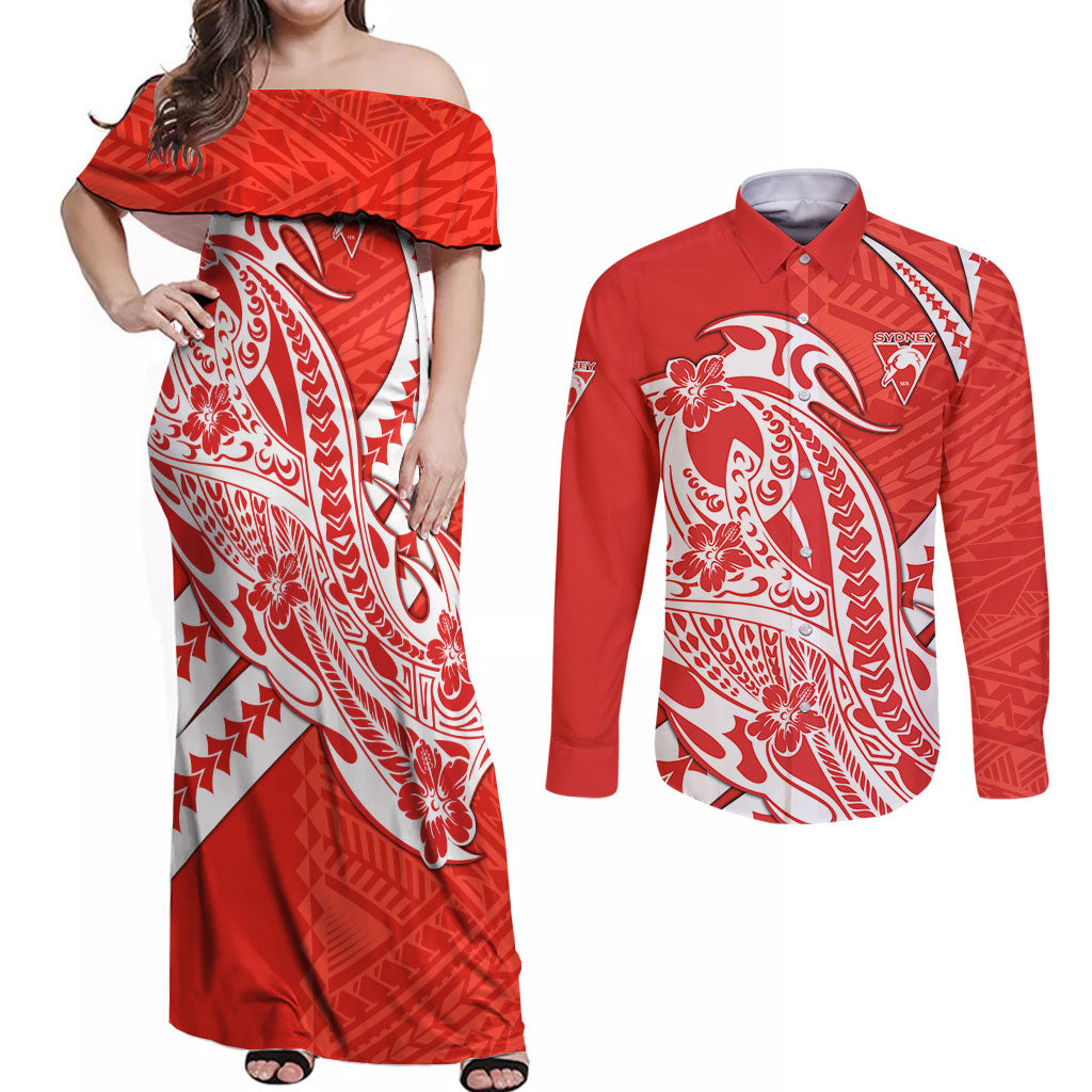 Personalized Sydney Swans Couples Matching Off Shoulder Maxi Dress and Long Sleeve Button Shirt Polynesian Tribal Swan Mascot With Hibiscus Floral Art