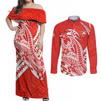 Personalized Sydney Swans Couples Matching Off Shoulder Maxi Dress and Long Sleeve Button Shirt Polynesian Tribal Swan Mascot With Hibiscus Floral Art